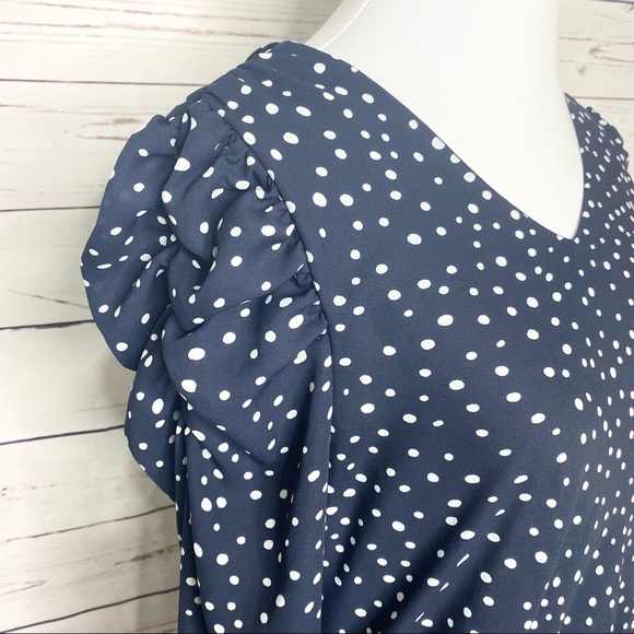 Carmen Marc Valvo Navy Blue & White Polka Dot Puff Sleeve Blouse Top Size Small - Picture 6 of 10
